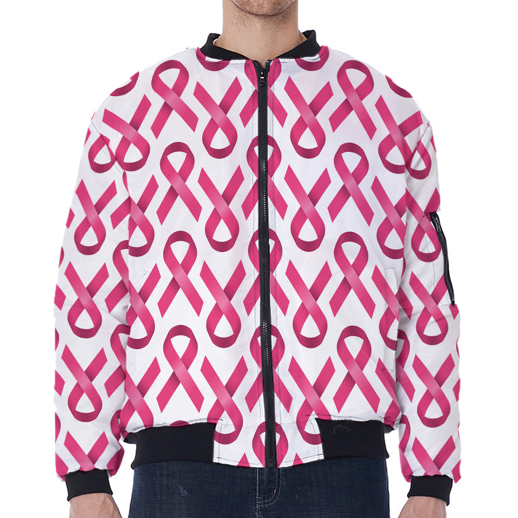 Pink And White Breast Cancer Print Zip Sleeve Bomber Jacket