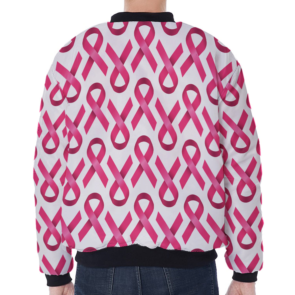 Pink And White Breast Cancer Print Zip Sleeve Bomber Jacket
