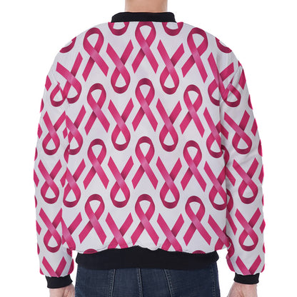 Pink And White Breast Cancer Print Zip Sleeve Bomber Jacket