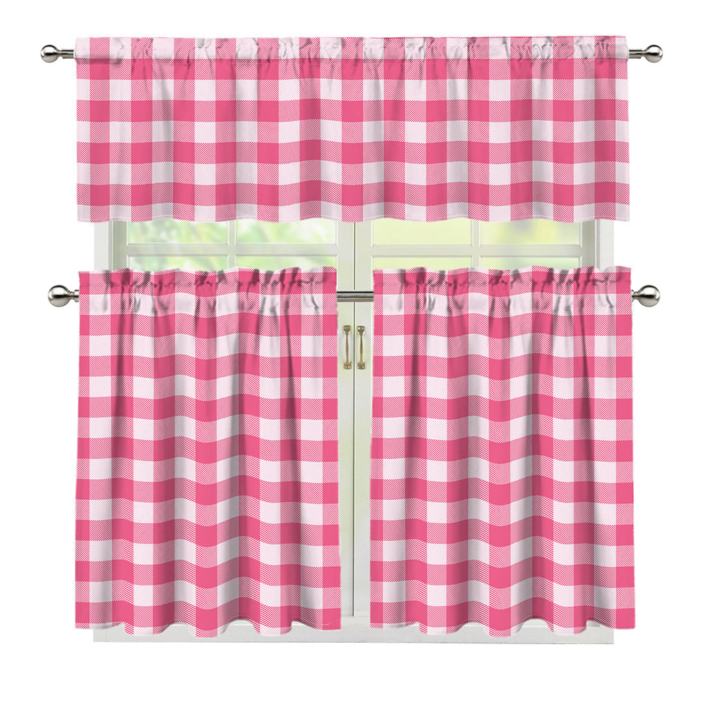Pink And White Buffalo Check Print 3 Piece Kitchen Curtains