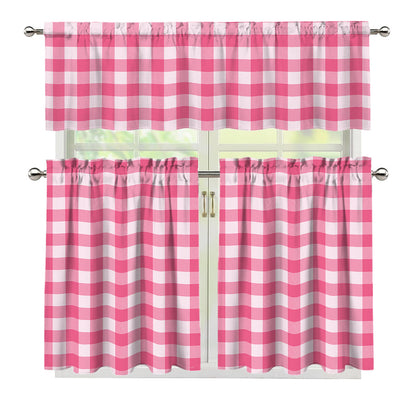Pink And White Buffalo Check Print 3 Piece Kitchen Curtains
