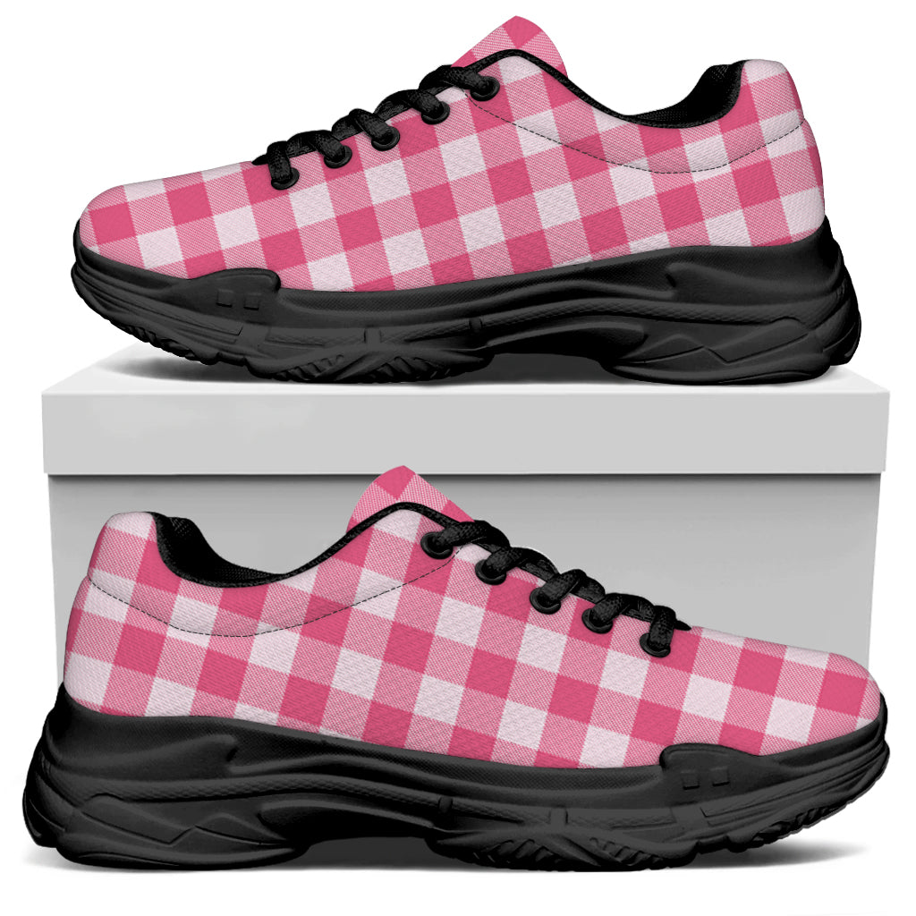 Pink And White Buffalo Check Print Black Chunky Shoes