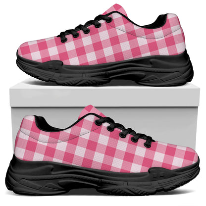Pink And White Buffalo Check Print Black Chunky Shoes