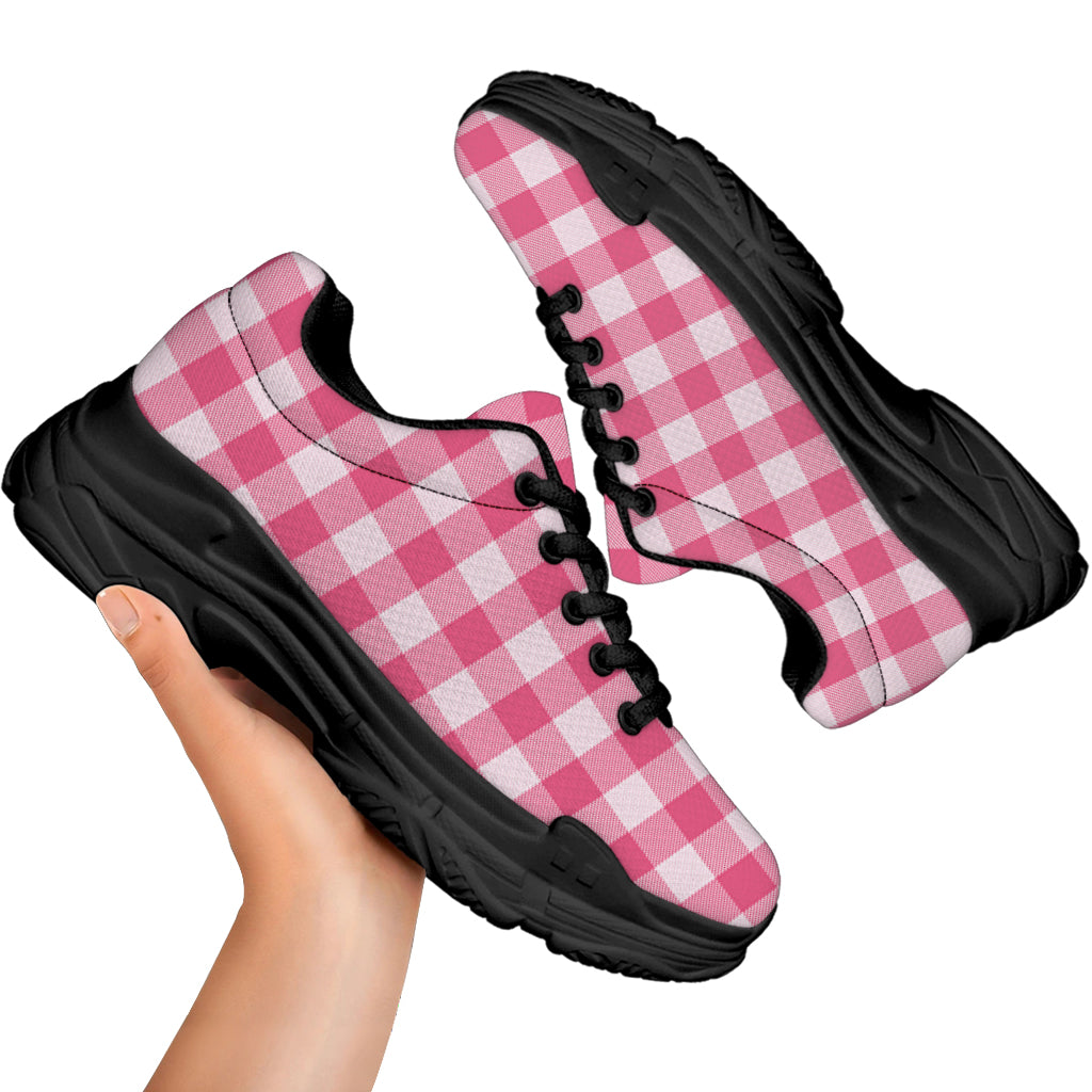 Pink And White Buffalo Check Print Black Chunky Shoes