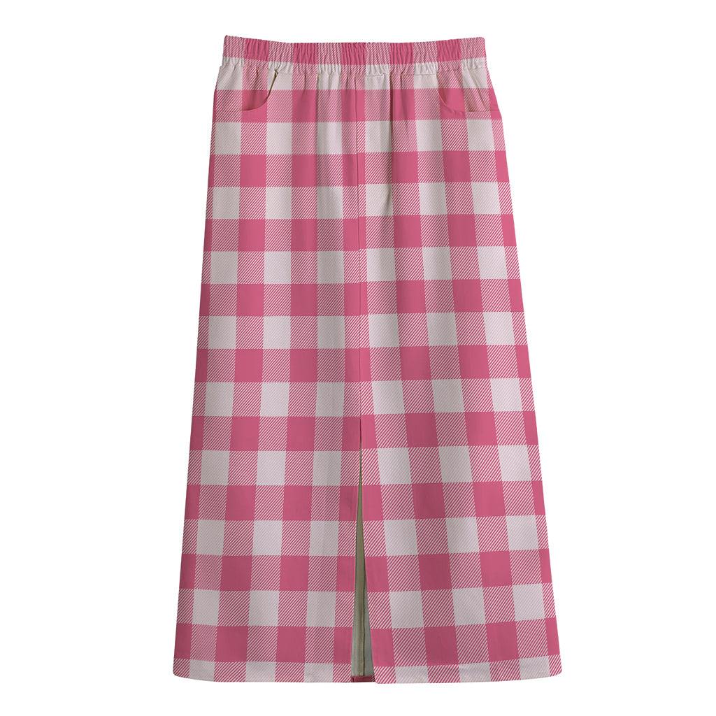 Pink And White Buffalo Check Print Cotton Front Slit Maxi Skirt