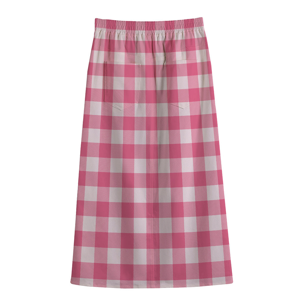 Pink And White Buffalo Check Print Cotton Front Slit Maxi Skirt