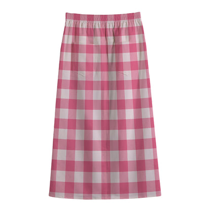 Pink And White Buffalo Check Print Cotton Front Slit Maxi Skirt