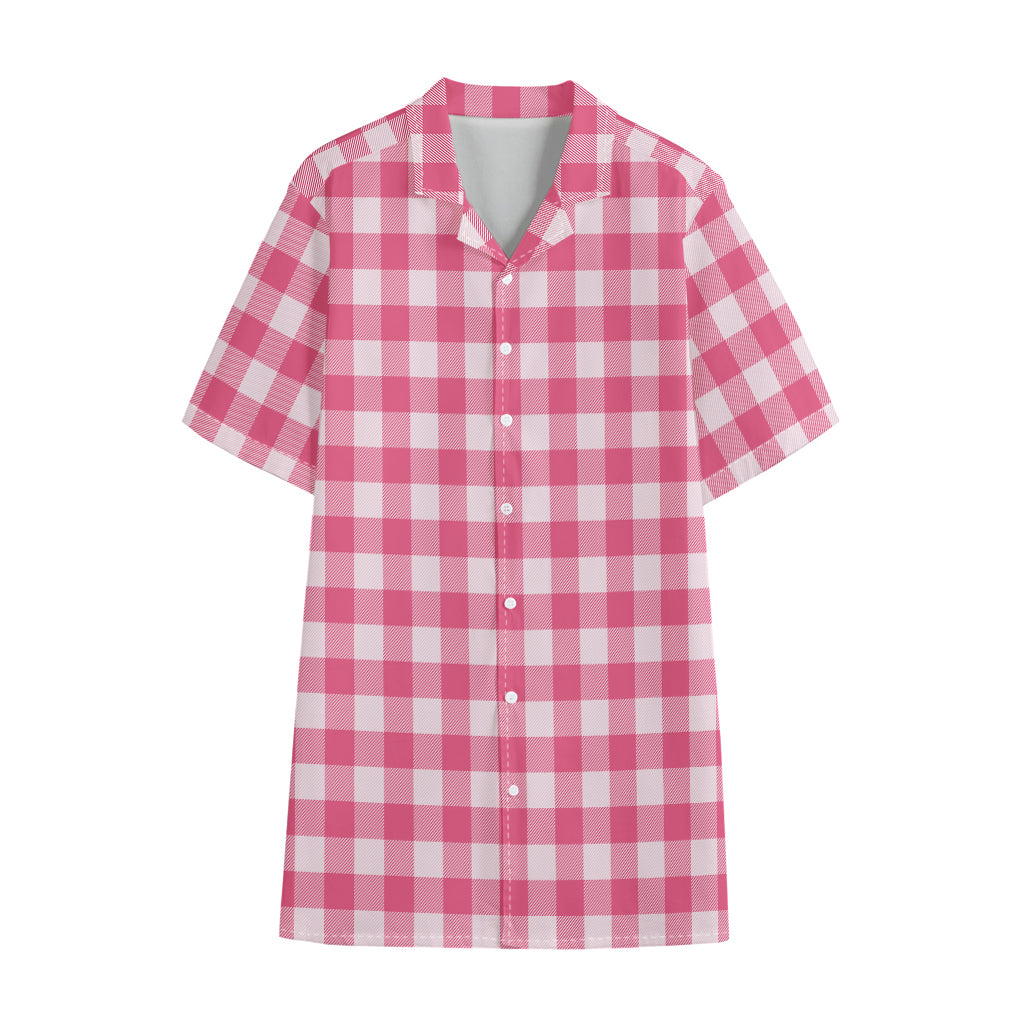 Pink And White Buffalo Check Print Cotton Hawaiian Shirt
