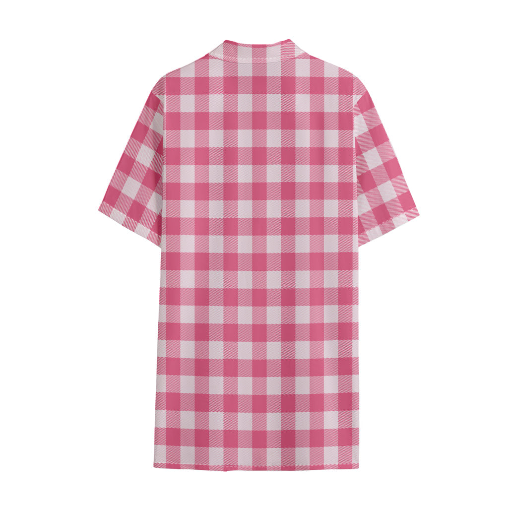 Pink And White Buffalo Check Print Cotton Hawaiian Shirt