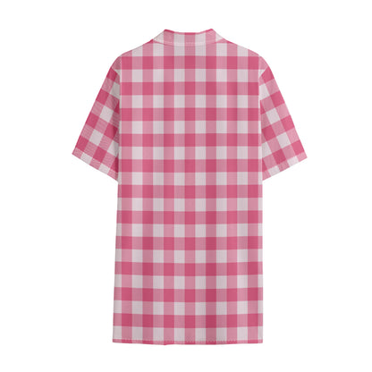 Pink And White Buffalo Check Print Cotton Hawaiian Shirt