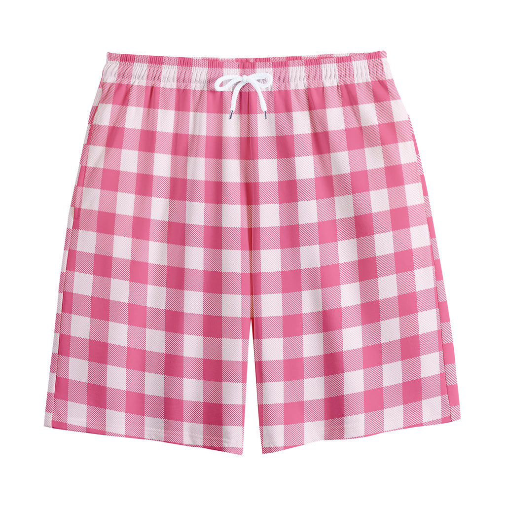 Pink And White Buffalo Check Print Cotton Shorts