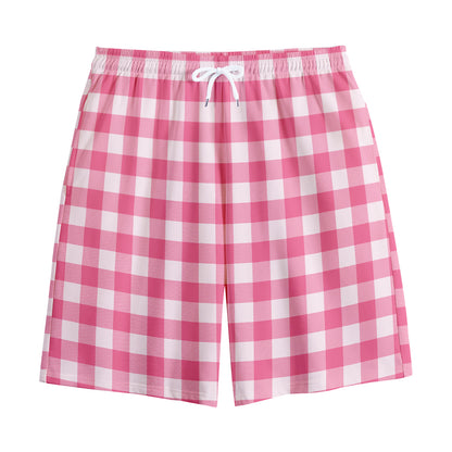Pink And White Buffalo Check Print Cotton Shorts