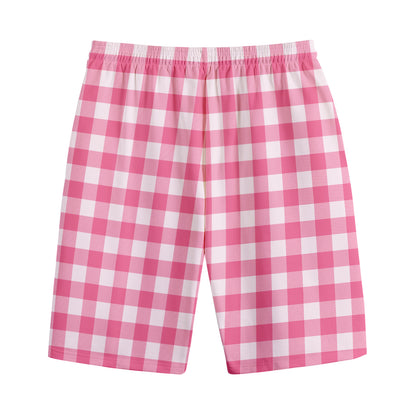Pink And White Buffalo Check Print Cotton Shorts