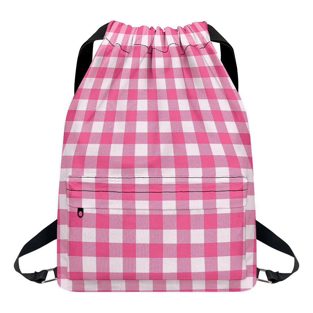 Pink And White Buffalo Check Print Drawstring Backpack
