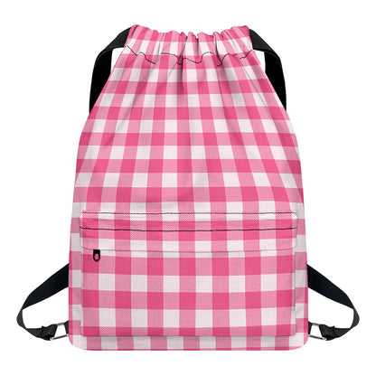 Pink And White Buffalo Check Print Drawstring Backpack