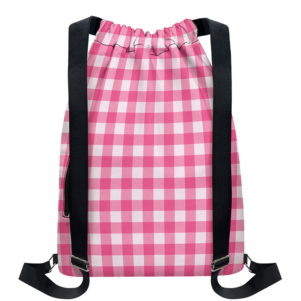 Pink And White Buffalo Check Print Drawstring Backpack