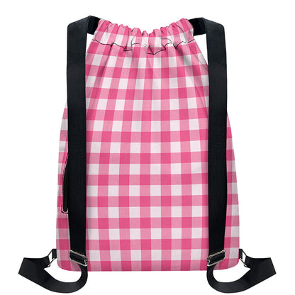 Pink And White Buffalo Check Print Drawstring Backpack