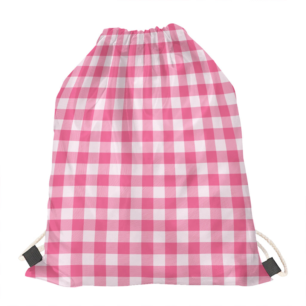 Pink And White Buffalo Check Print Drawstring Bag