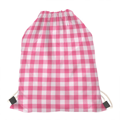 Pink And White Buffalo Check Print Drawstring Bag