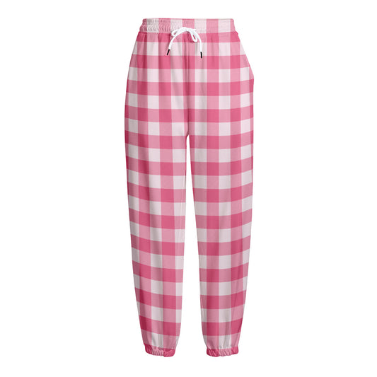 Pink And White Buffalo Check Print Fleece Lined Knit Pants