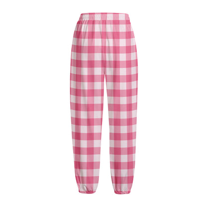 Pink And White Buffalo Check Print Fleece Lined Knit Pants
