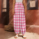 Pink And White Buffalo Check Print Harem Pants
