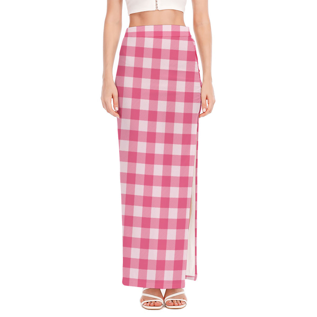 Pink And White Buffalo Check Print High Slit Maxi Skirt