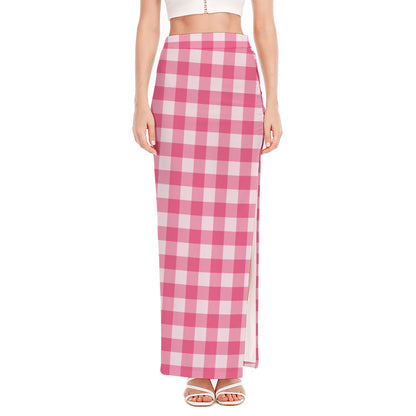 Pink And White Buffalo Check Print High Slit Maxi Skirt