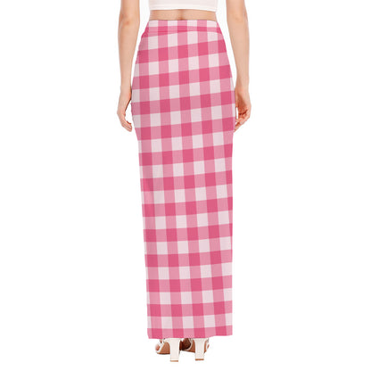 Pink And White Buffalo Check Print High Slit Maxi Skirt
