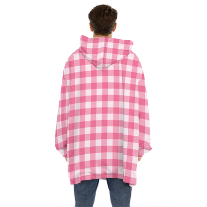 Pink And White Buffalo Check Print Hoodie Blanket