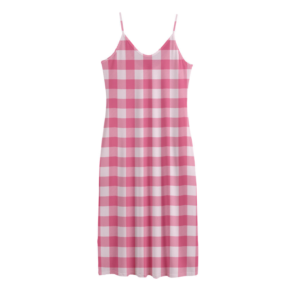 Pink And White Buffalo Check Print Jersey Midi Cami Dress