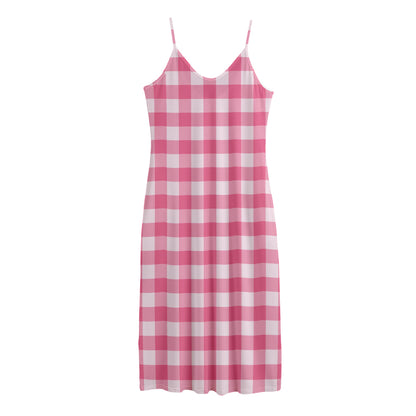 Pink And White Buffalo Check Print Jersey Midi Cami Dress
