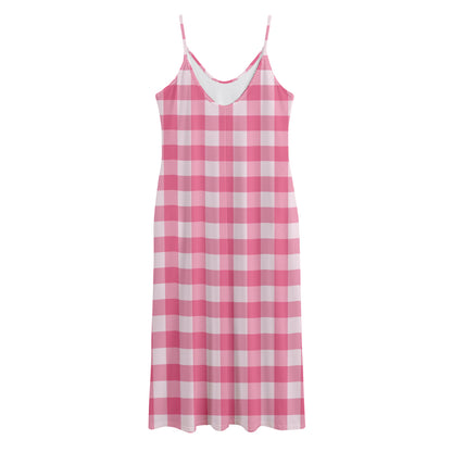 Pink And White Buffalo Check Print Jersey Midi Cami Dress