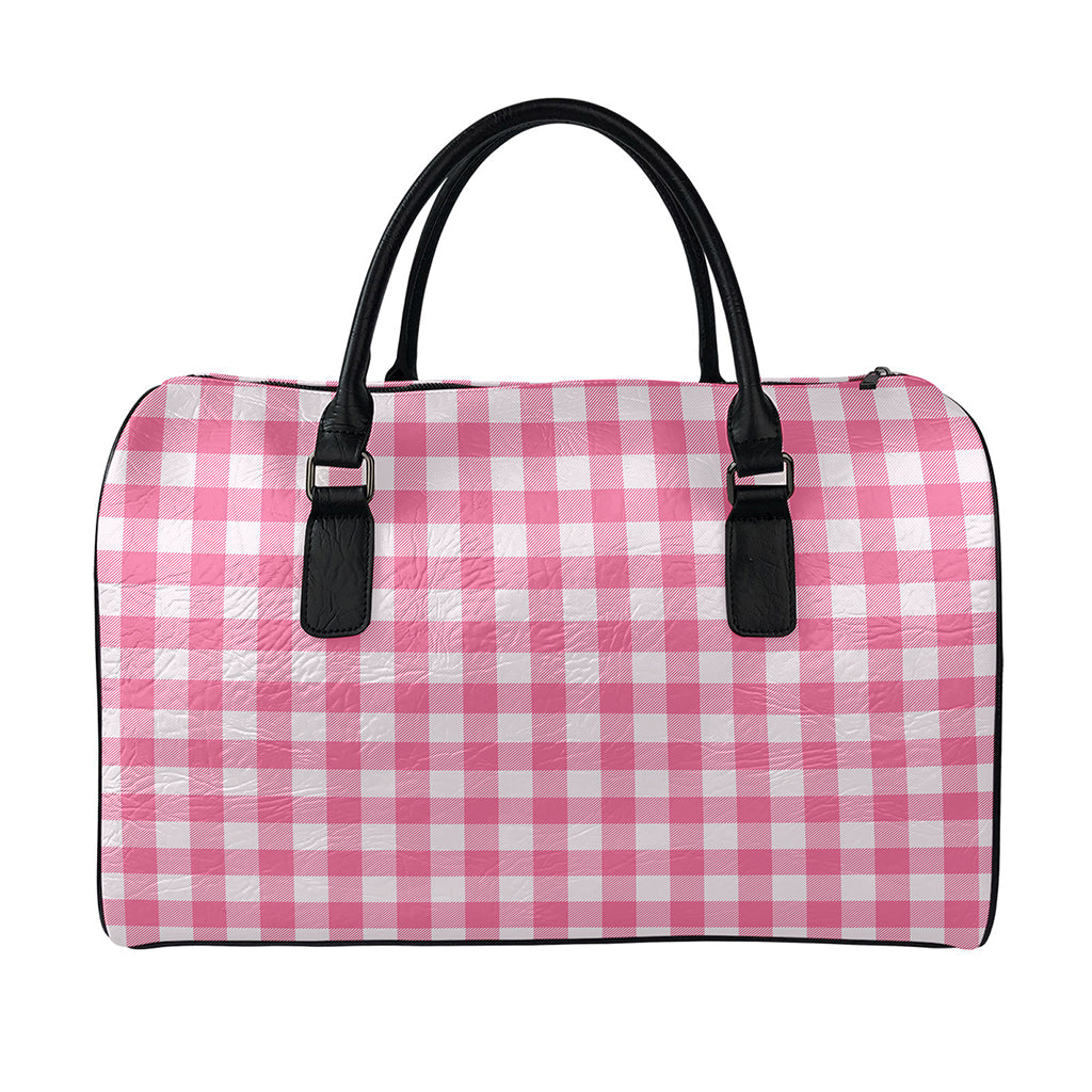 Pink And White Buffalo Check Print Leather Duffle Bag