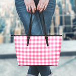 Pink And White Buffalo Check Print Leather Tote Bag