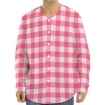 Pink And White Buffalo Check Print Long Sleeve Baseball Jersey