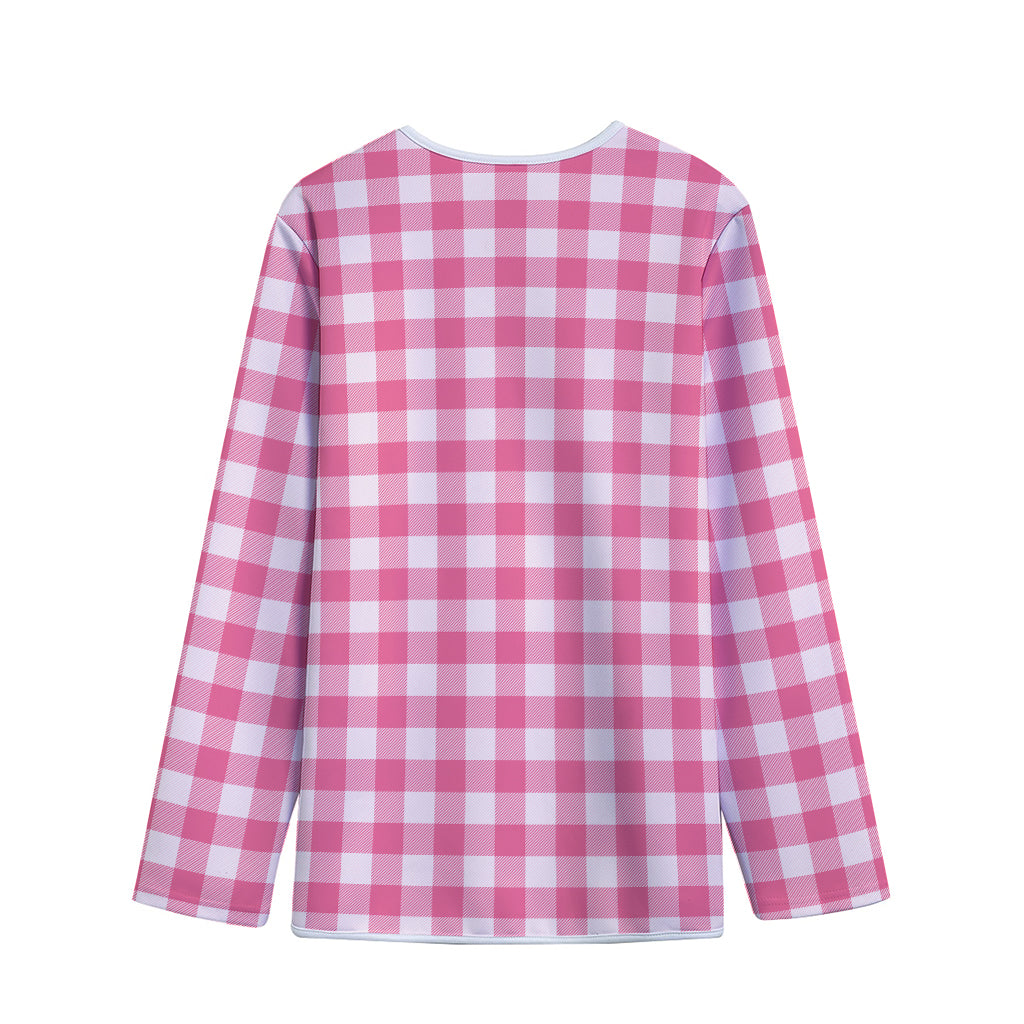 Pink And White Buffalo Check Print Long Sleeve Short Coat