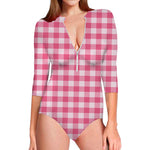 Pink And White Buffalo Check Print Long Sleeve Swimsuit