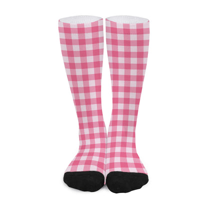 Pink And White Buffalo Check Print Long Socks