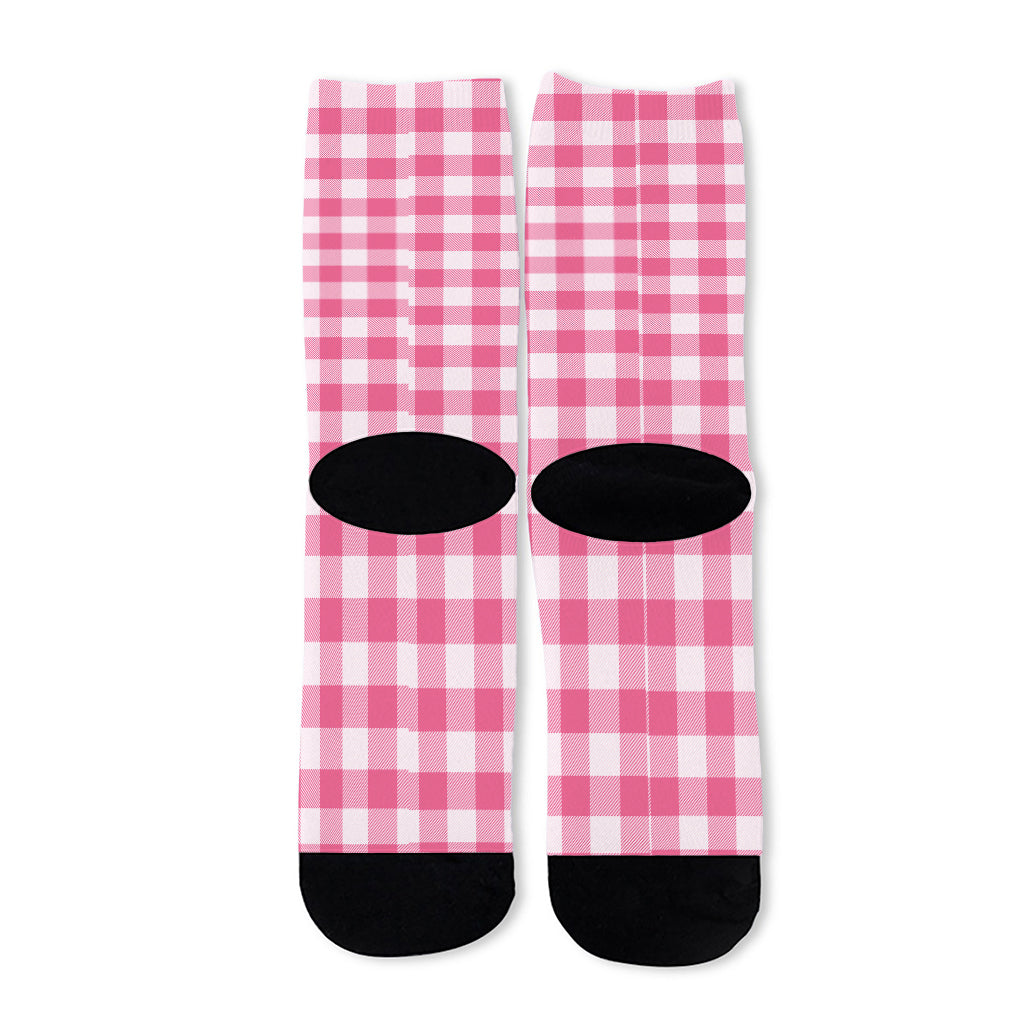 Pink And White Buffalo Check Print Long Socks