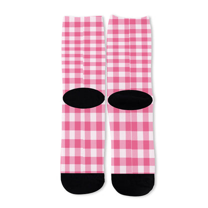 Pink And White Buffalo Check Print Long Socks