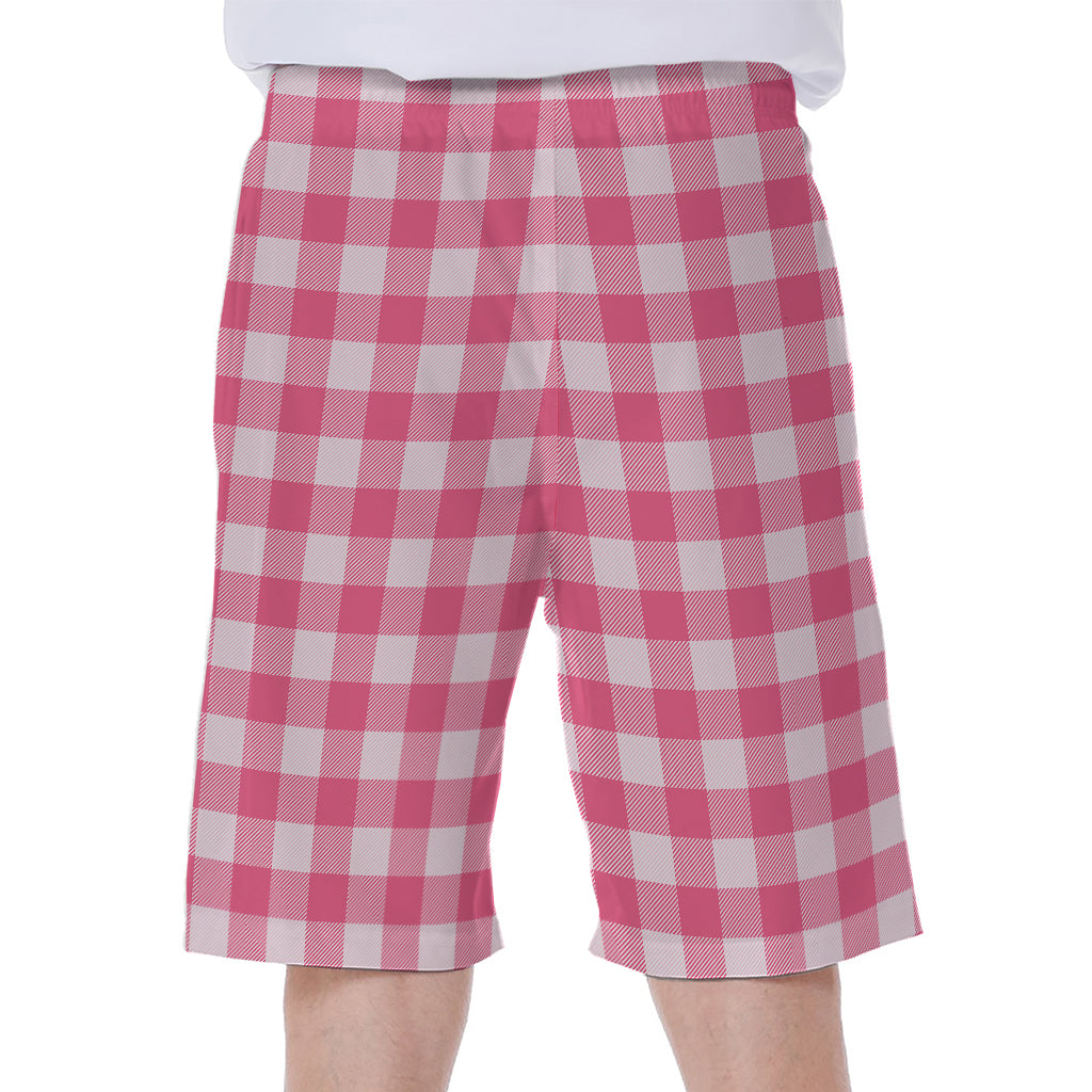 Pink And White Buffalo Check Print Men's Beach Shorts