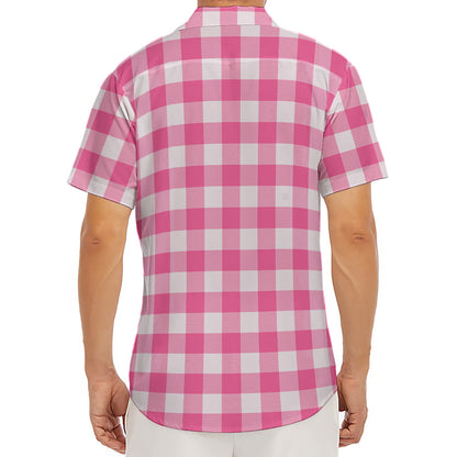 Pink And White Buffalo Check Print Men's Deep V-Neck Shirt
