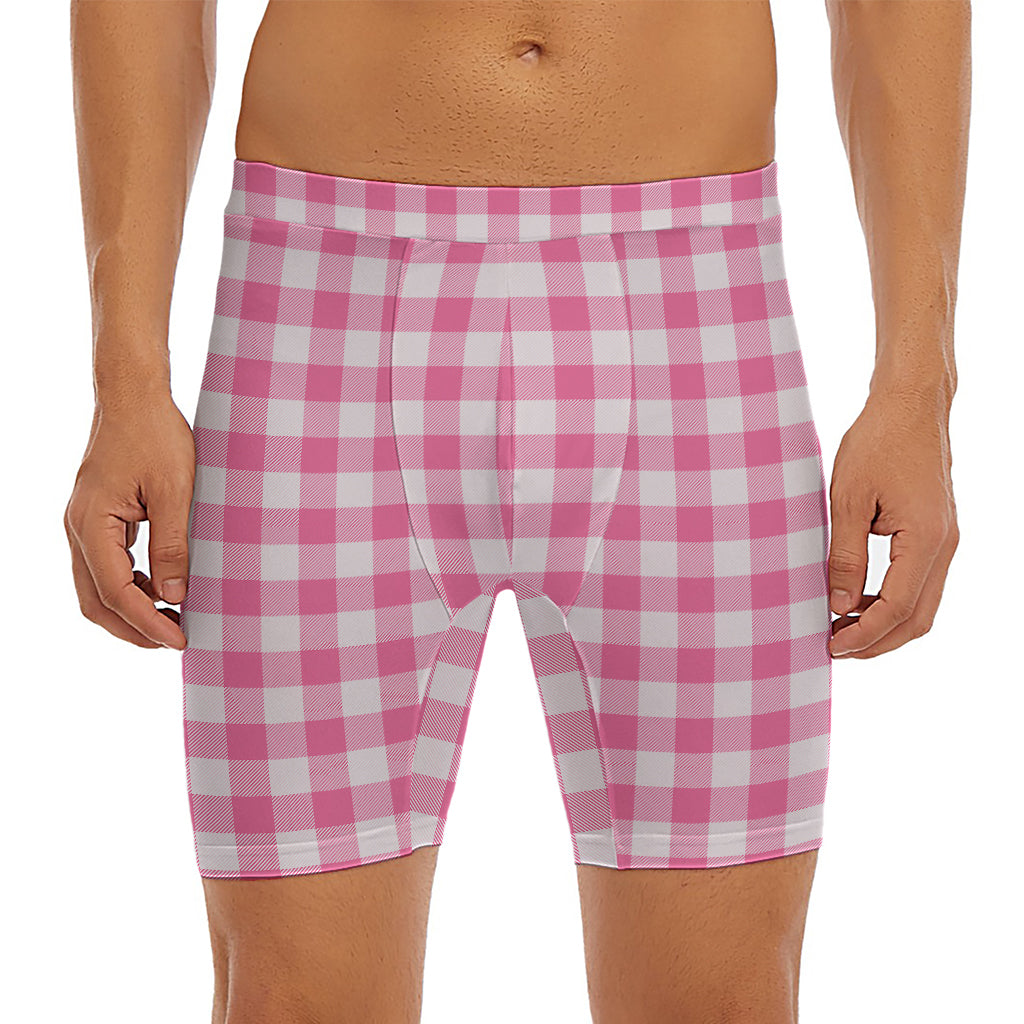 Pink And White Buffalo Check Print Men's Long Boxer Briefs