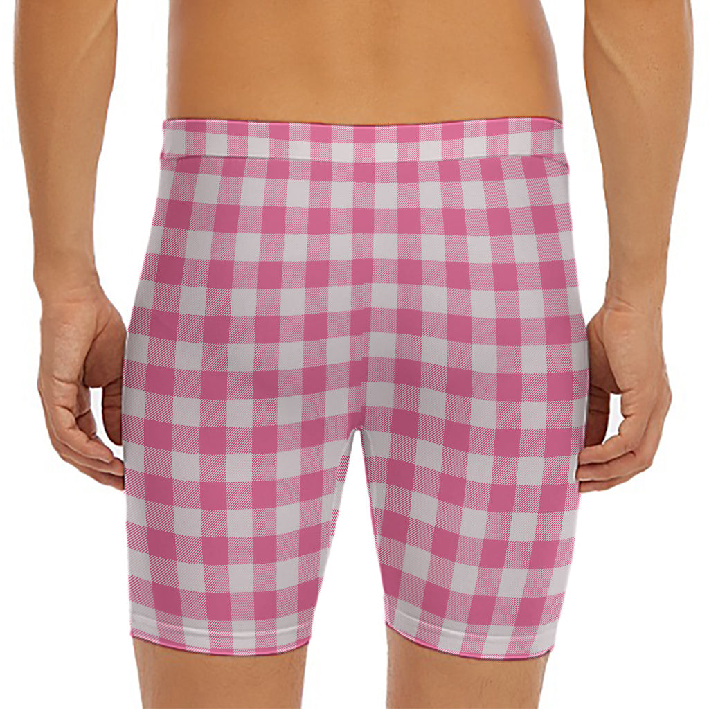 Pink And White Buffalo Check Print Men's Long Boxer Briefs