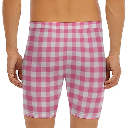 Pink And White Buffalo Check Print Men's Long Boxer Briefs