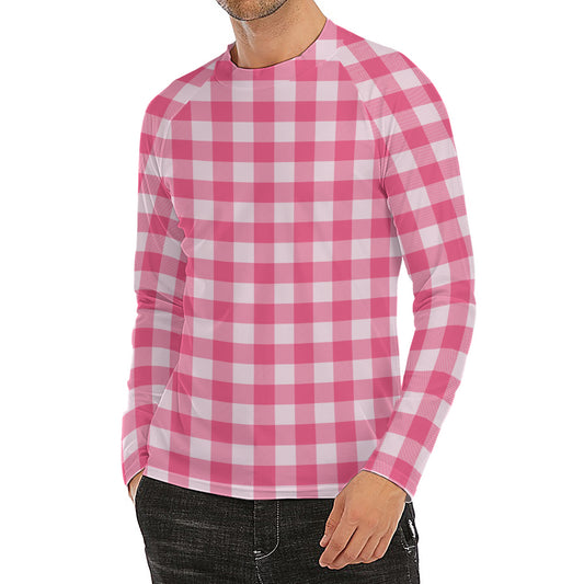 Pink And White Buffalo Check Print Men's Long Sleeve Rash Guard