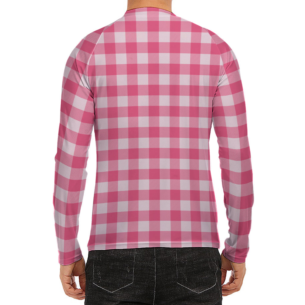 Pink And White Buffalo Check Print Men's Long Sleeve Rash Guard