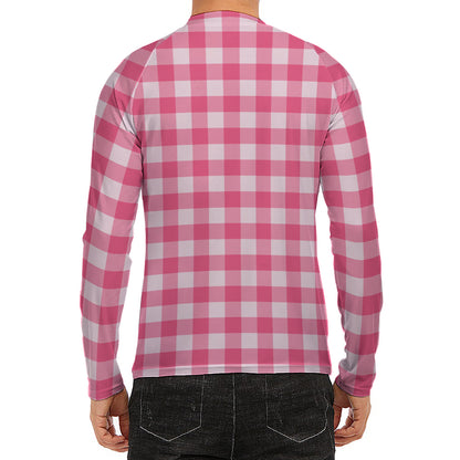 Pink And White Buffalo Check Print Men's Long Sleeve Rash Guard