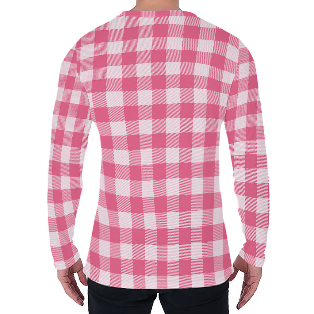 Pink And White Buffalo Check Print Men's Long Sleeve T-Shirt